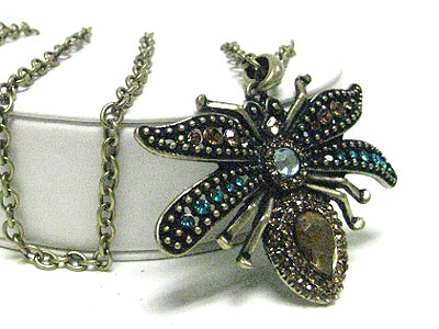 Vintage style burnish metal crystal bug pendant long necklace