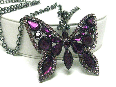 Vintage style burnish metal crystal butterfly pendant long necklace