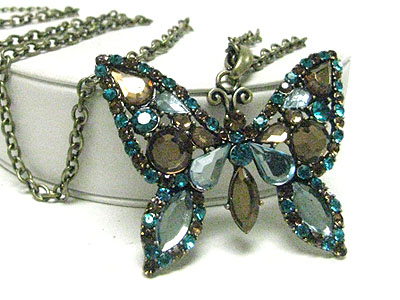 Vintage style burnish metal crystal butterfly pendant long necklace