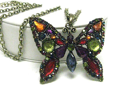 Vintage style burnish metal crystal butterfly pendant long necklace