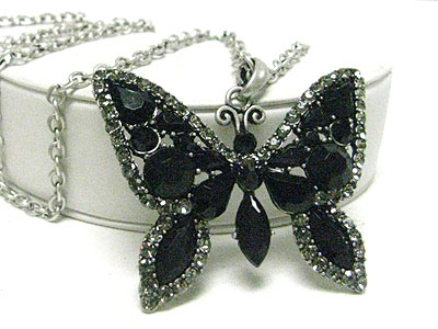 Vintage style burnish metal crystal butterfly pendant long necklace