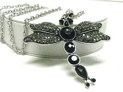 Vintage style burnish metal crystal dragonfly pendant long necklace