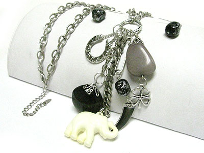 Elephant and multi lucky charm dangle long necklace earring set