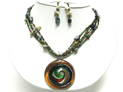 Murano glass swirl round pendant multi chip stone necklace set