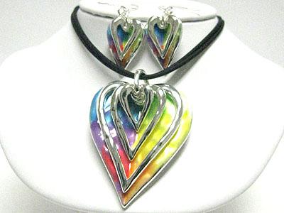 Multi color metal heart pendant and cord necklace set