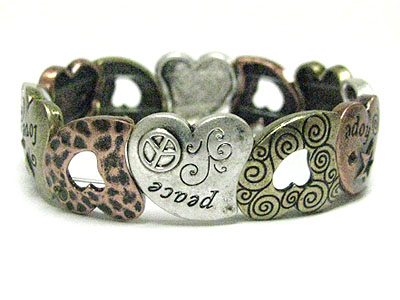 Tri tone metal asting heart stretch bracelet