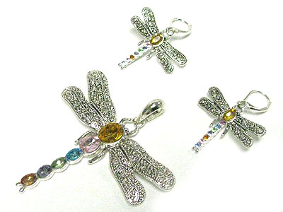 Crystal stud metal casting dragonfly pendant earring set