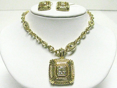 Crystal square pendant chain necklace earring set