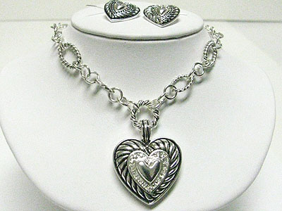 Crystal deco metal heart pendant chain necklace earring set