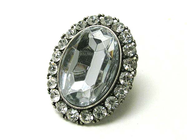 Facet big glass stone and crystal stud oval stretch ring