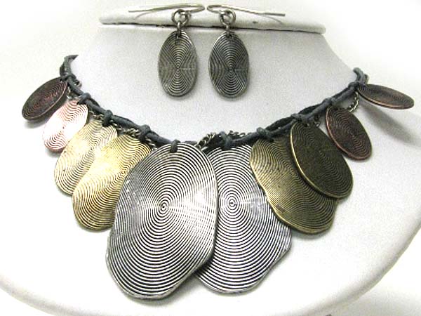 Mixed burnish metal disk dangle necklace earring set