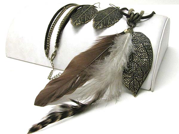 Natural feather and burnish metal leaves dangle long necklace earring set