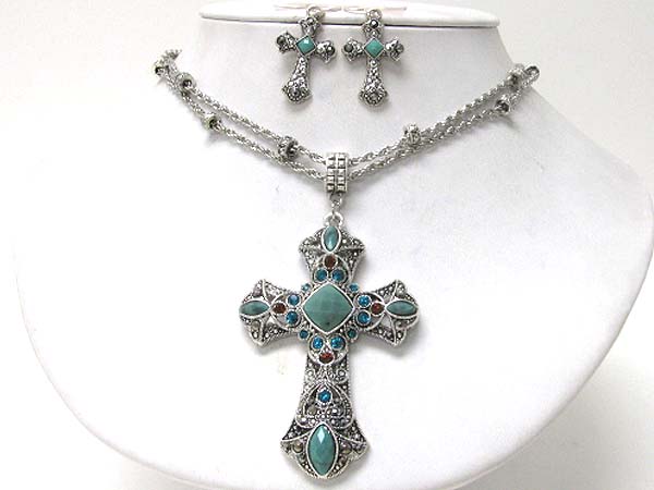 Crystal stud antique cross pendant necklace earring set