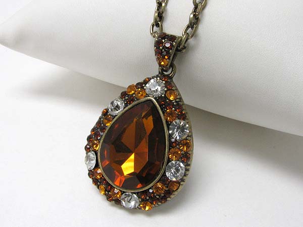 Large facet teardrop glass stone and crystal deco pendant necklace 