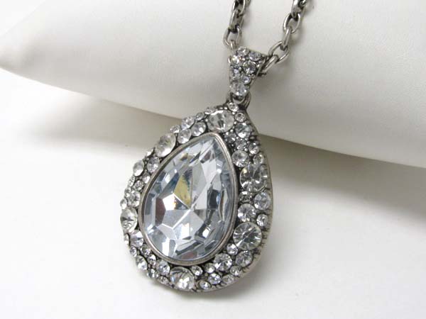 Large facet teardrop glass stone and crystal deco pendant necklace 