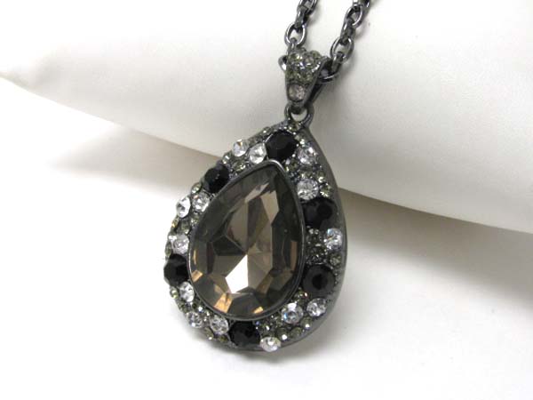 Large facet teardrop glass stone and crystal deco pendant necklace 