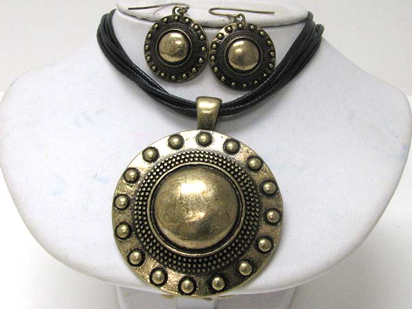 Aztec inspired metal stud large round shield pendant necklace earring set -western