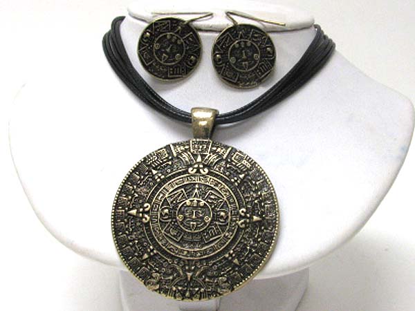 Aztec inspired large round zordiac pendant necklace earring set -western