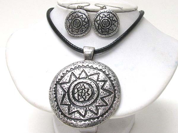 Aztec inspired large round mural fresco pendant necklace earring set -western