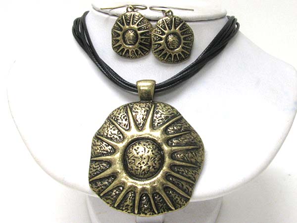 Aztec inspired large sun bluster pendant necklace earring set -western