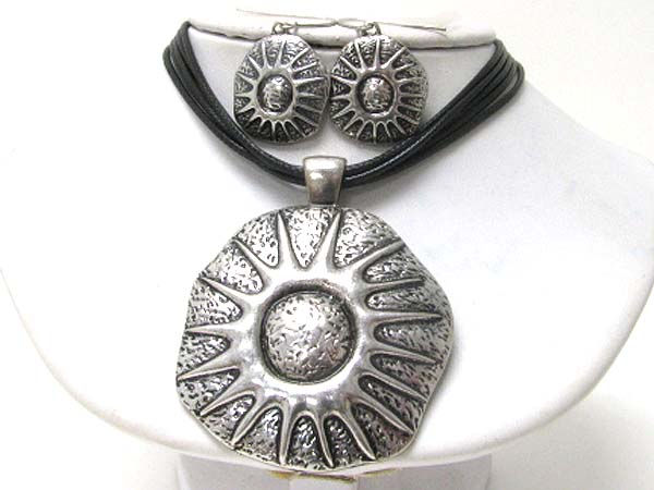 Aztec inspired large sun bluster pendant necklace earring set -western