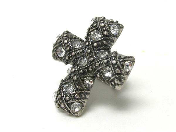 Crystal stud mesh textured metal cross stretch ring