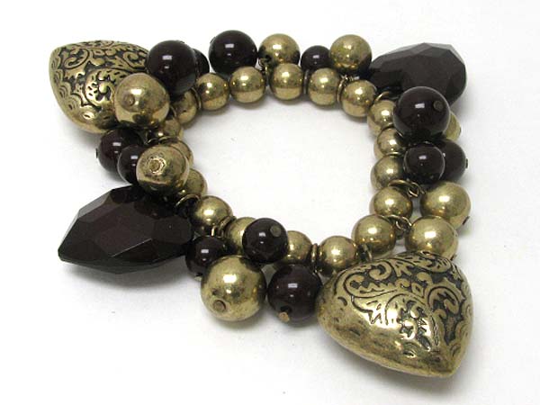 Metal heart and mixed ball s dangle stretch bracelet