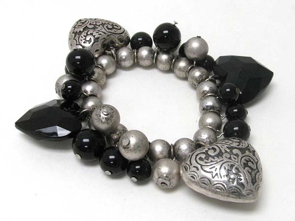 Metal heart and mixed ball s dangle stretch bracelet