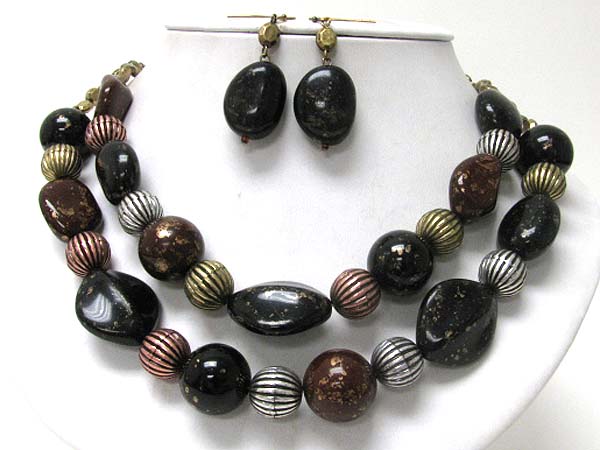 Double row patina metal ball link necklace earring set