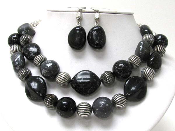 Double row patina metal ball link necklace earring set