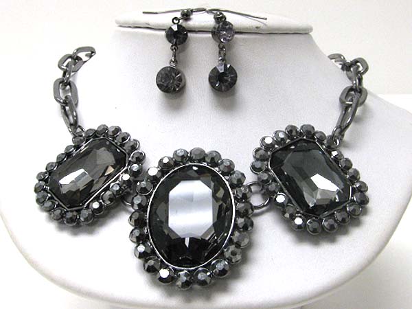 Facet glass and crystal tri stone link necklace earring set