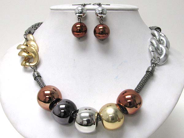 Multi metal ball and snake chain necklace earring set