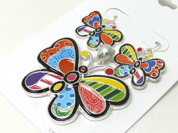 Designer inspired color art butterfly pendant earring set