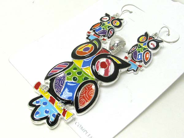 Designer inspired color art owl pendant earring set