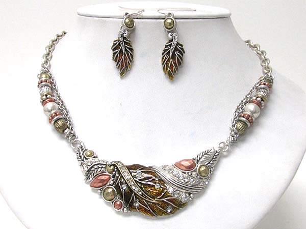 Crystal stud metal leaves theme tri tone metal necklace earring set