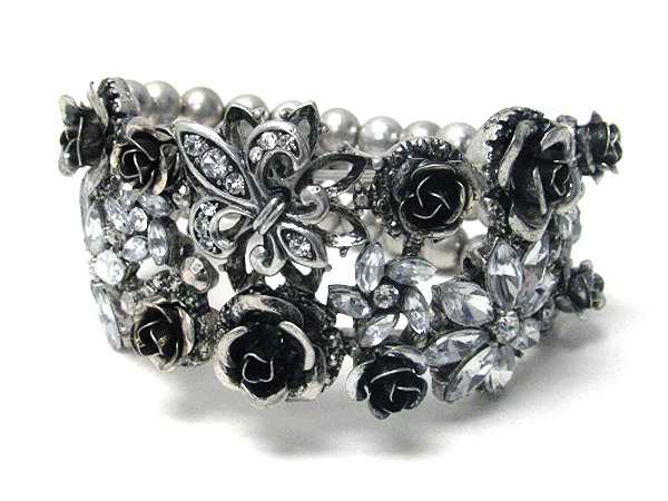 Crystal stud fluer de lis and flower deco metal ball stretch bracelet