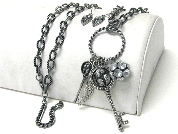 Crystal deco owl key and ball on hoop pendant long necklace earring set - hoops