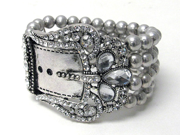 Crystal deco large buckle and metal ball stretch belt bracelet