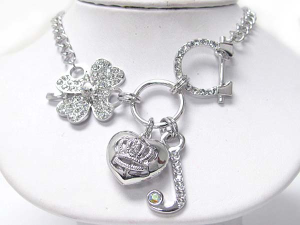 Made in korea whitegold plating crystal stud crown heart and horse shoe and clover link chain necklace