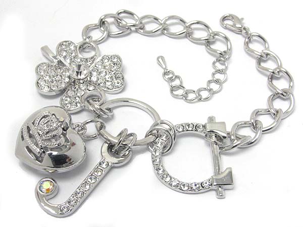 Made in korea whitegold plating crystal stud crown heart and horse shoe and clover link chain bracelet