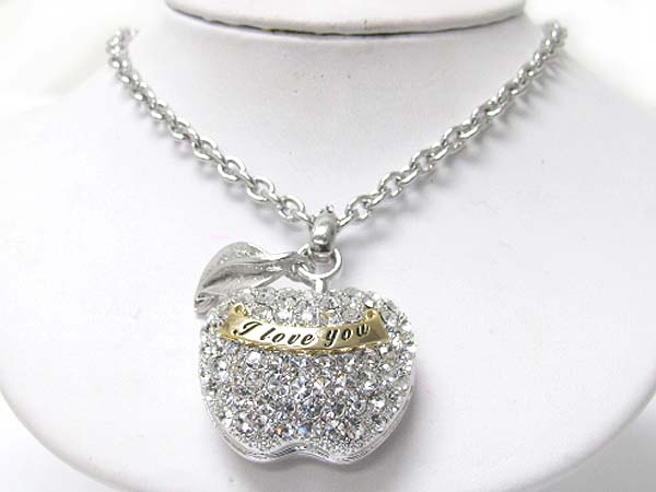 Made in korea whitegold plating crystal stud i love you large apple pendant necklace