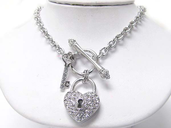 Made in korea whitegold plating crystal stud heart lock and key dangle toggle necklace