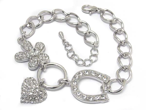 Made in korea whitegold plating crystal stud heart and flopwer horse shoe link bracelet