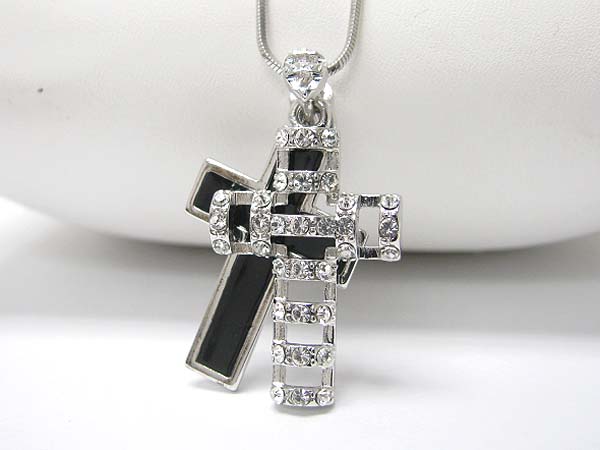 Made in korea whitegold plating crystal stud double layer cross pendant necklace