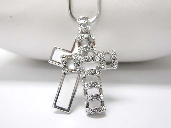 Made in korea whitegold plating crystal stud double layer cross pendant necklace