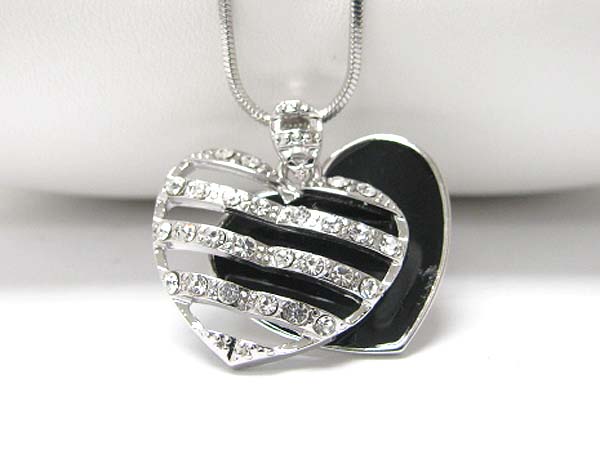 Made in korea whitegold plating crystal stud double layer heart pendant necklace