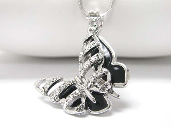 Made in korea whitegold plating crystal stud double layer butterfly pendant necklace