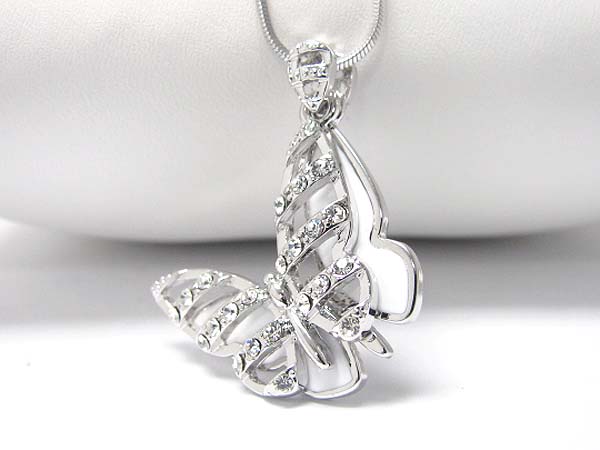 Made in korea whitegold plating crystal stud double layer butterfly pendant necklace