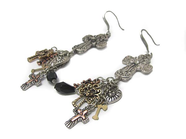 Multi textured metal cross dangle earring