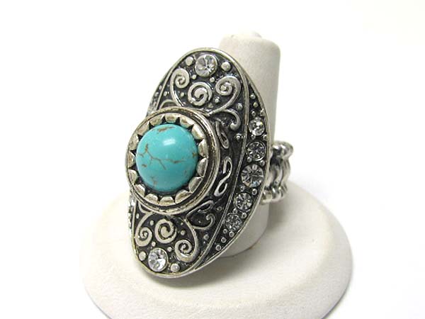 Turquoise stone and crystal side long finger ring